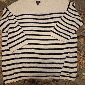 Jones New York Black and White Striped Crewneck Sweater